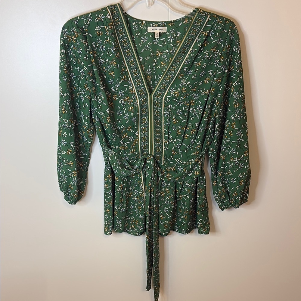 Max Studio Green Peplum Blouse with Tie Front S